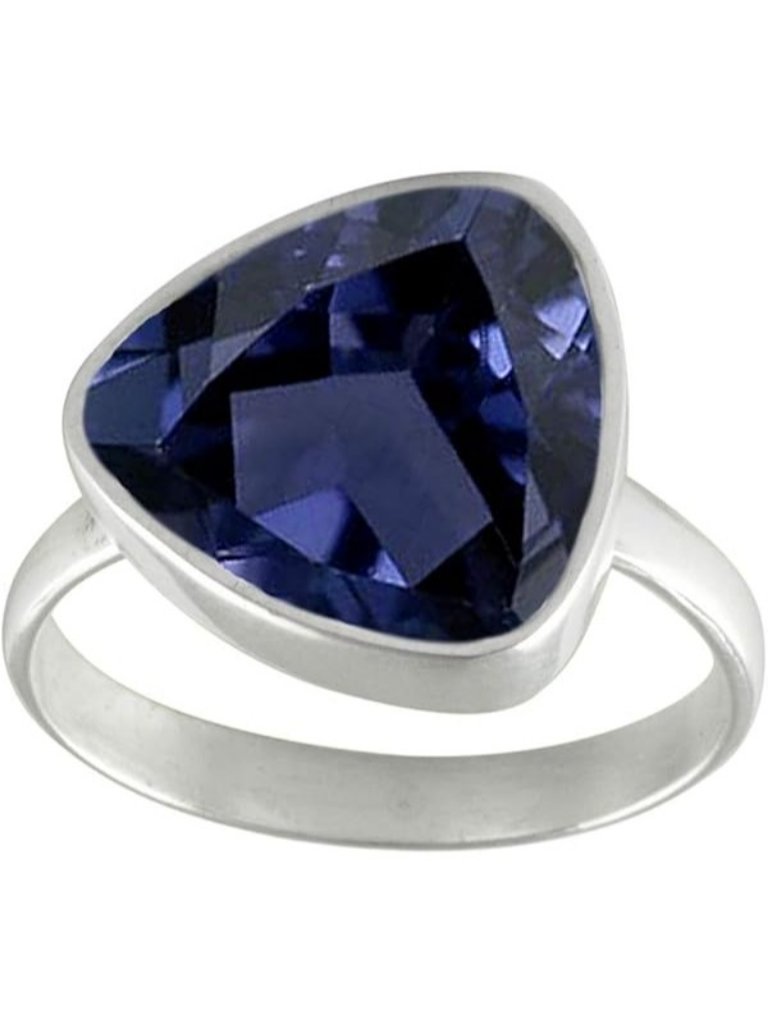 Natural-Faceted Iolite Gemstone Ring Trillion Shape Silver Faceted Ring